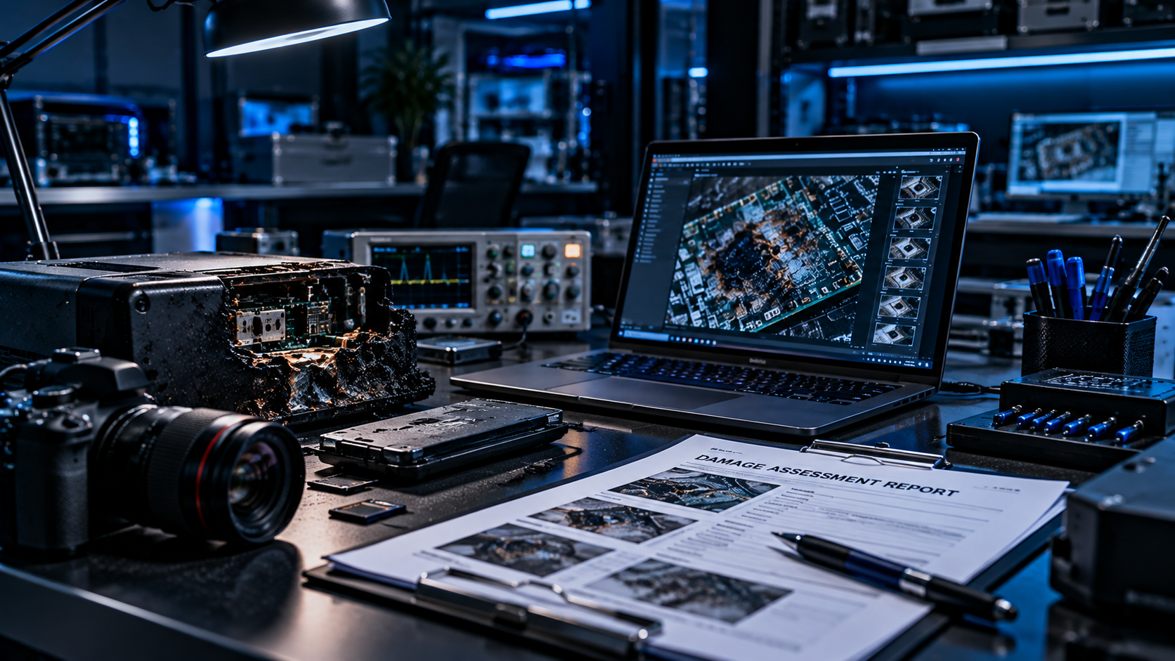 Technical damage assessment workstation with diagnostic equipment and photographic reporting